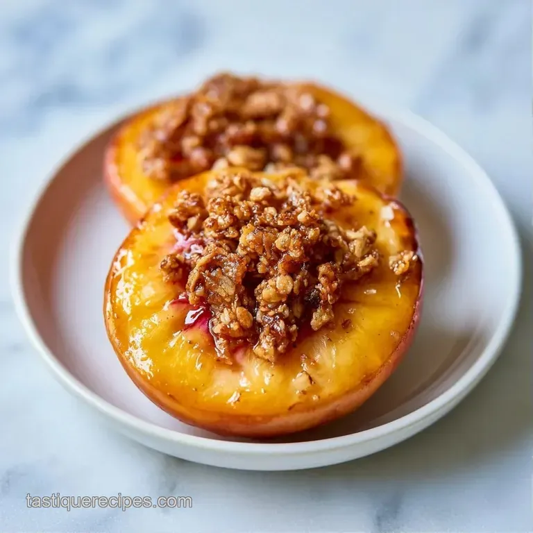 Warm, caramelized peach halves topped with golden granola and a fresh mint leaf on a minimalist white plate.