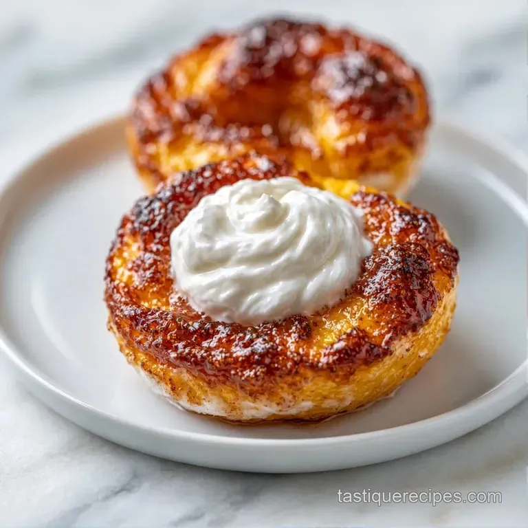 Caramelized peach halves in white ceramic bowls topped with thick yogurt swirls and a sprig of fresh green mint.