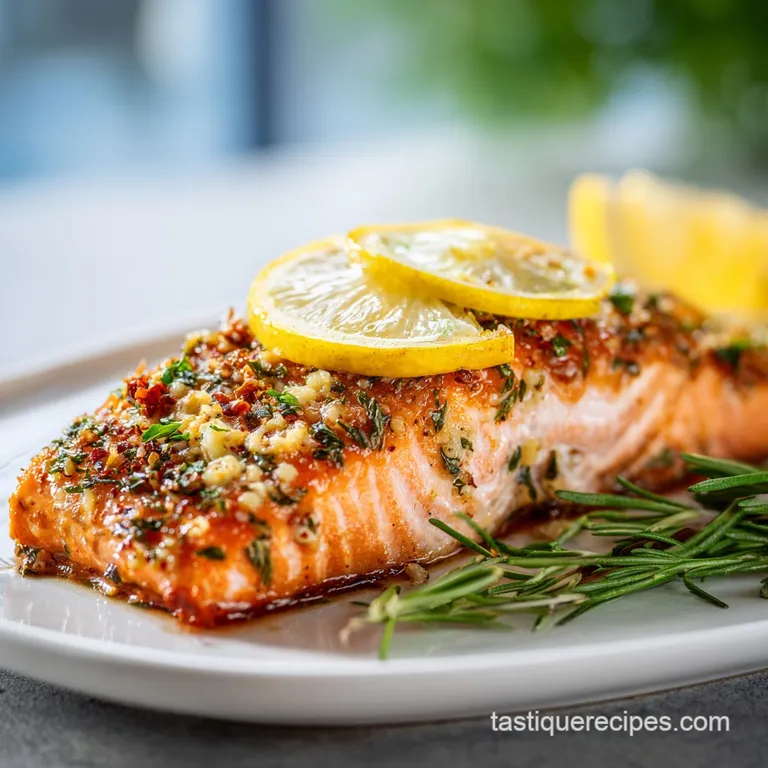 Perfectly baked salmon fillet, glistening with Dijon glaze, artfully arranged on a white plate with a sprig of fresh herbs.