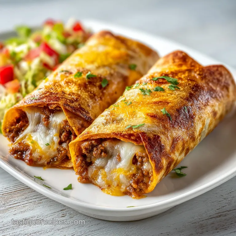 Two golden fried burritos resting on a white plate with dollops of cool sour cream and vibrant red salsa.