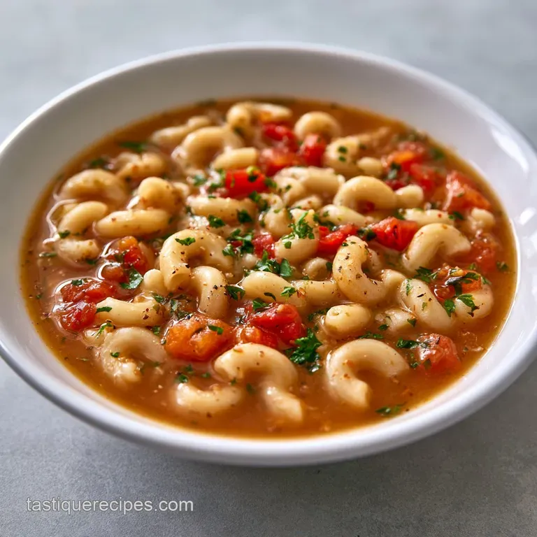 Elegant white bowl of savory beef and pasta soup topped with chopped parsley and served beside crusty sourdough.