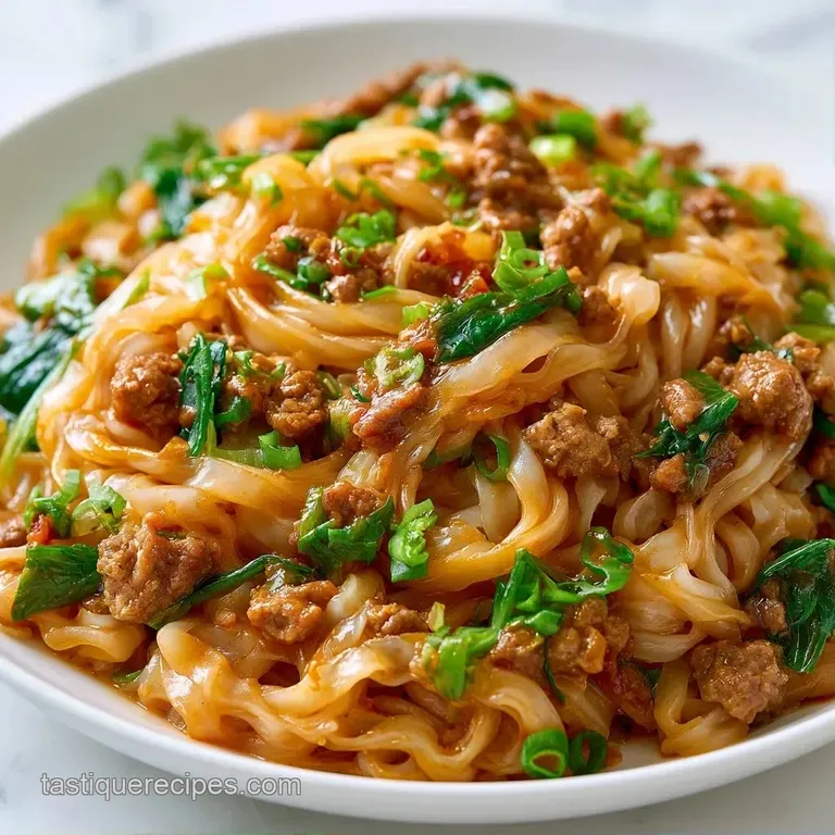 Elegant white bowl of glossy rice noodles and seared beef, topped with fresh sliced scallions and toasted sesame seeds.
