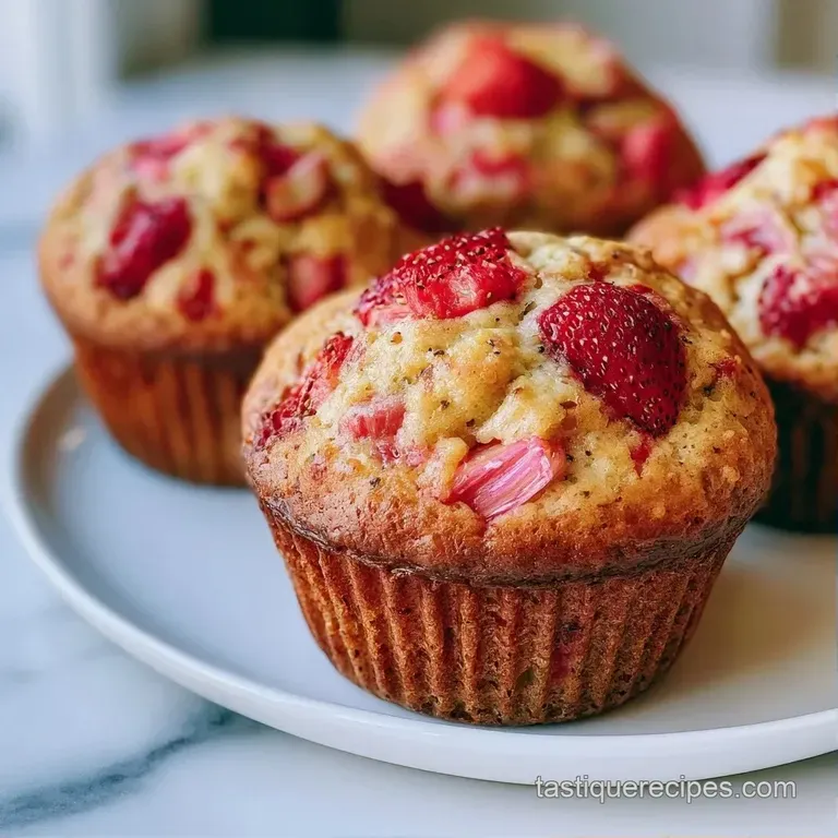 Three moist muffins on a white ceramic platter, dusted with powdered sugar and paired with fresh berries.