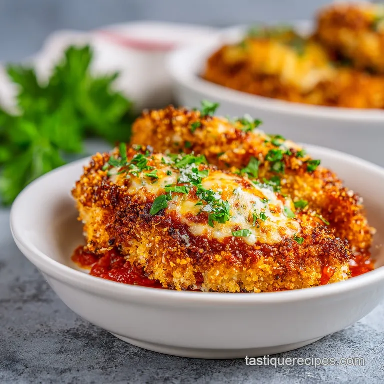 Chicken parmesan plated beautifully: saucy, cheesy, & topped with fresh basil. Golden-brown crust is visible on the crispy...
