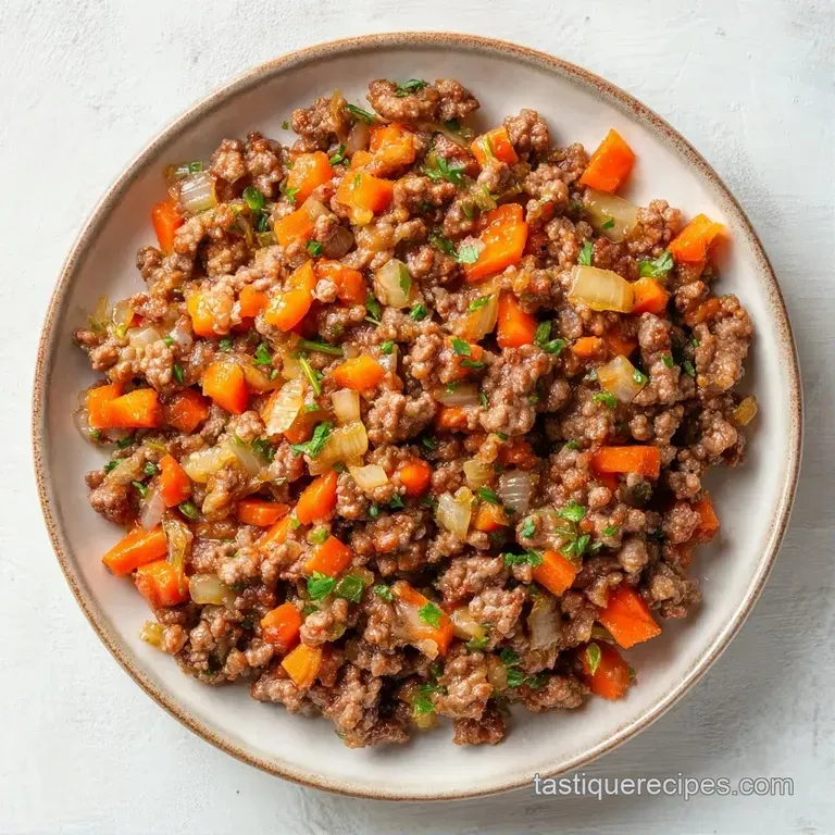 Saut&eacute;ed ground beef with colorful peas and carrots served in a ceramic bowl with a sprinkle of fresh parsley.