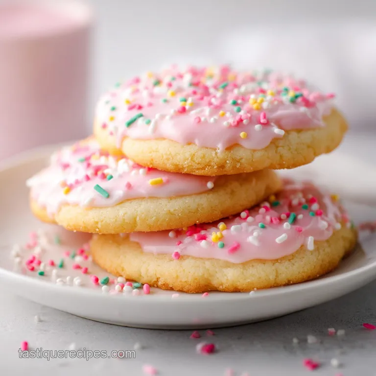 Delicately arranged sugar cookies, artfully decorated with intricate icing designs and edible glitter, on a white ceramic ...