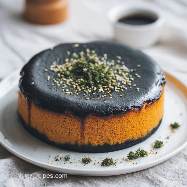 Slice of black sesame cheesecake on a white plate. Dark, toasted crust contrasts with the light filling, a dusting of sesa...