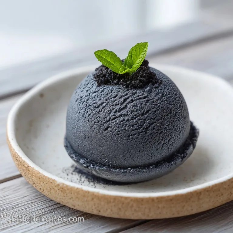 Elegant scoop of subtly grey ice cream, sprinkled with black sesame, sits in a glass bowl, glistening under soft lighting.