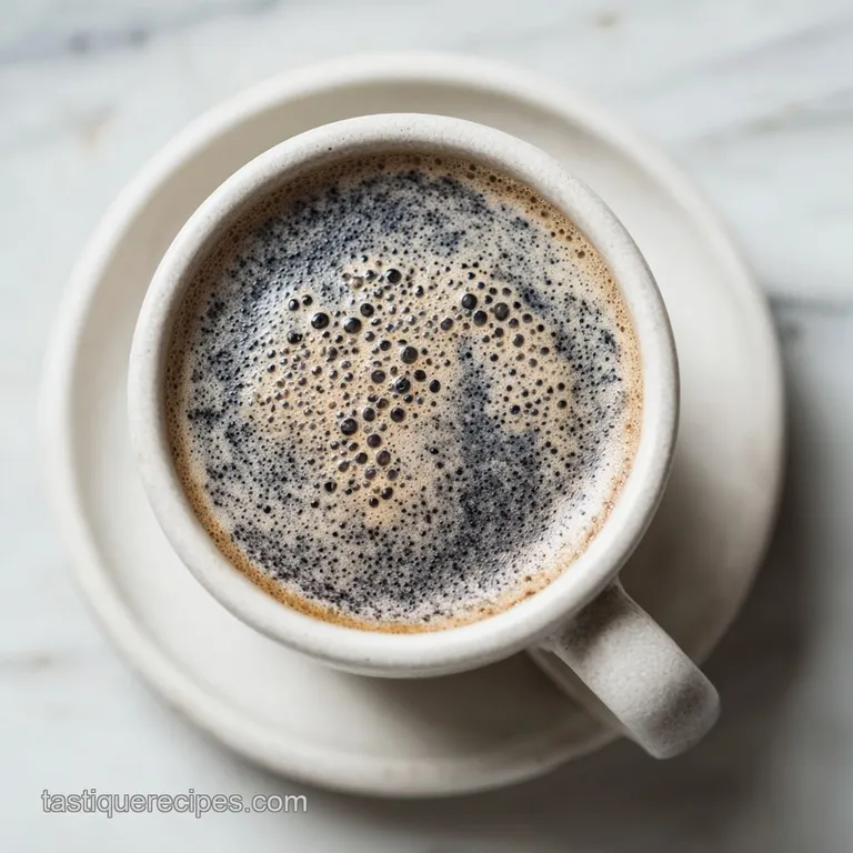 Elegant black sesame latte in a tall glass, topped with a delicate foam art design. A dark, creamy, and sophisticated drink.