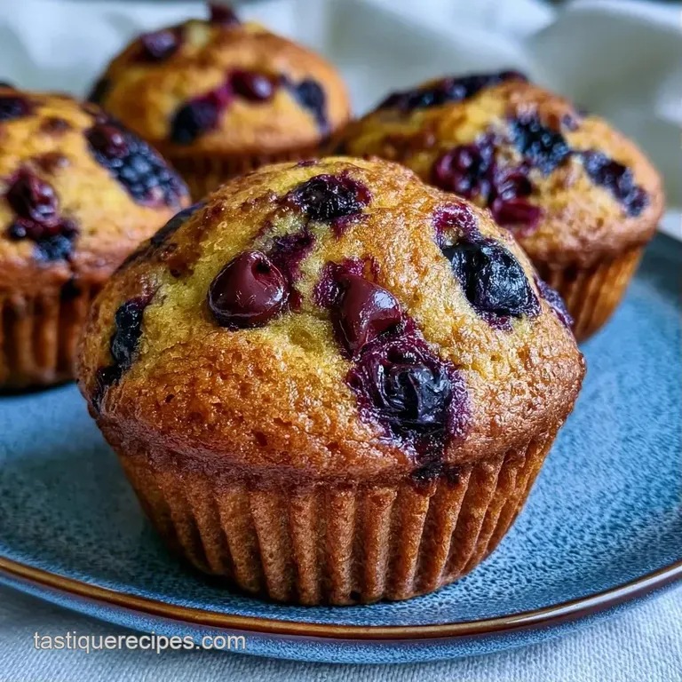 Two moist, dark-domed muffins on a white porcelain plate with a dusting of powdered sugar and a linen napkin