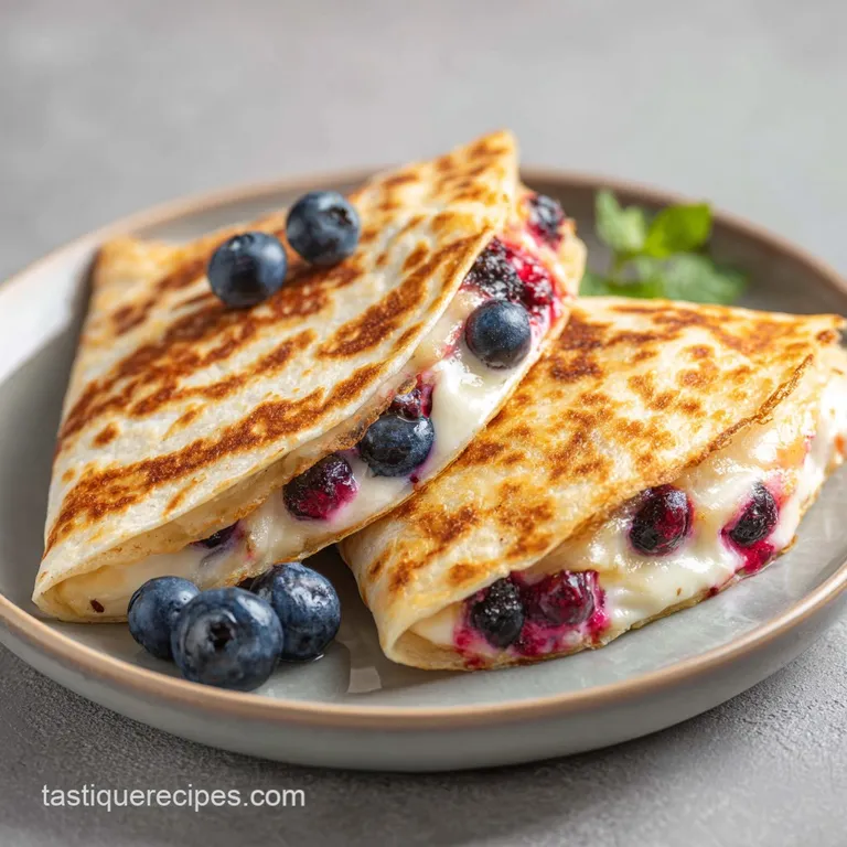 A warm, golden-brown quesadilla slice topped with a swirl of cream and a dusting of powdered sugar.