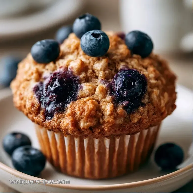 A stack of hearty, oat-topped muffins on a white ceramic plate beside a folded linen napkin and fresh berries.