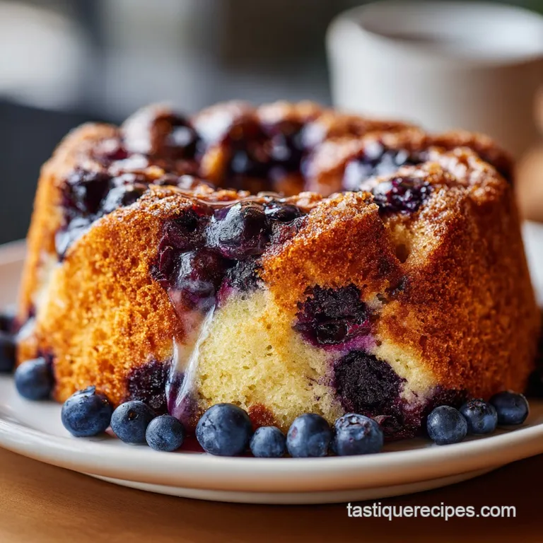 A slice of blueberry sour cream cake, revealing its moist interior and crunchy topping, artfully plated.