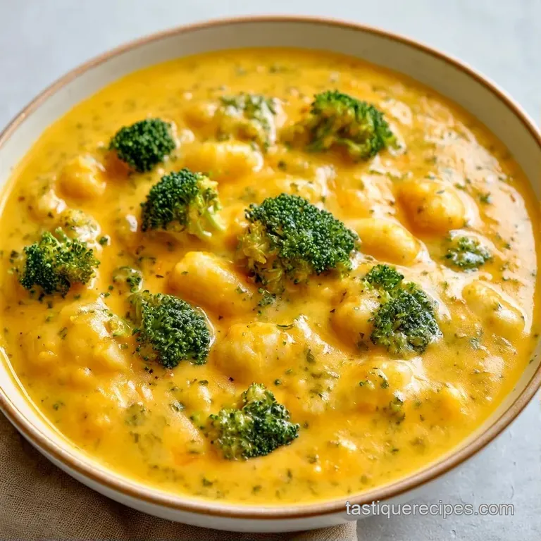 A deep bowl of velvety golden soup with soft dumplings and bright green broccoli, served with a crusty bread slice.