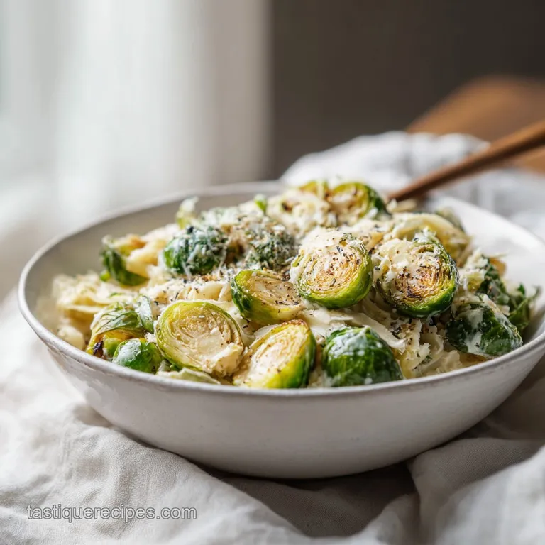 A generous portion of creamy Alfredo pasta with tender, roasted Brussels sprouts artfully arranged on a white plate.