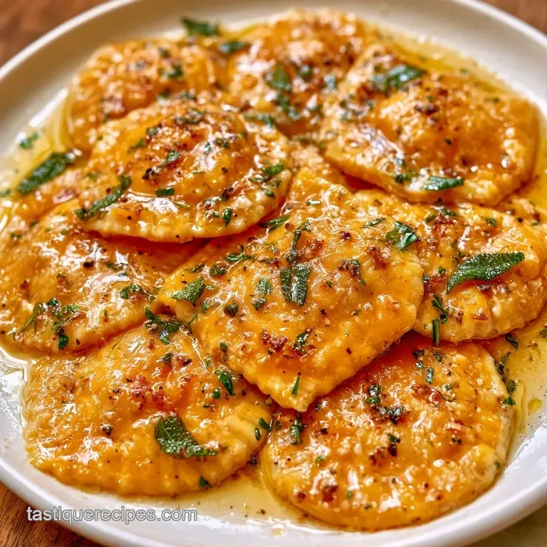 Five plump pasta squares arranged on a white ceramic plate, drizzled with amber sauce and fresh green herbs.