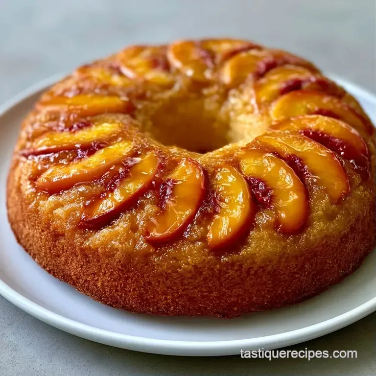 A slice of moist yellow cake topped with glazed peach halves, served on a white plate with a sprig of mint.