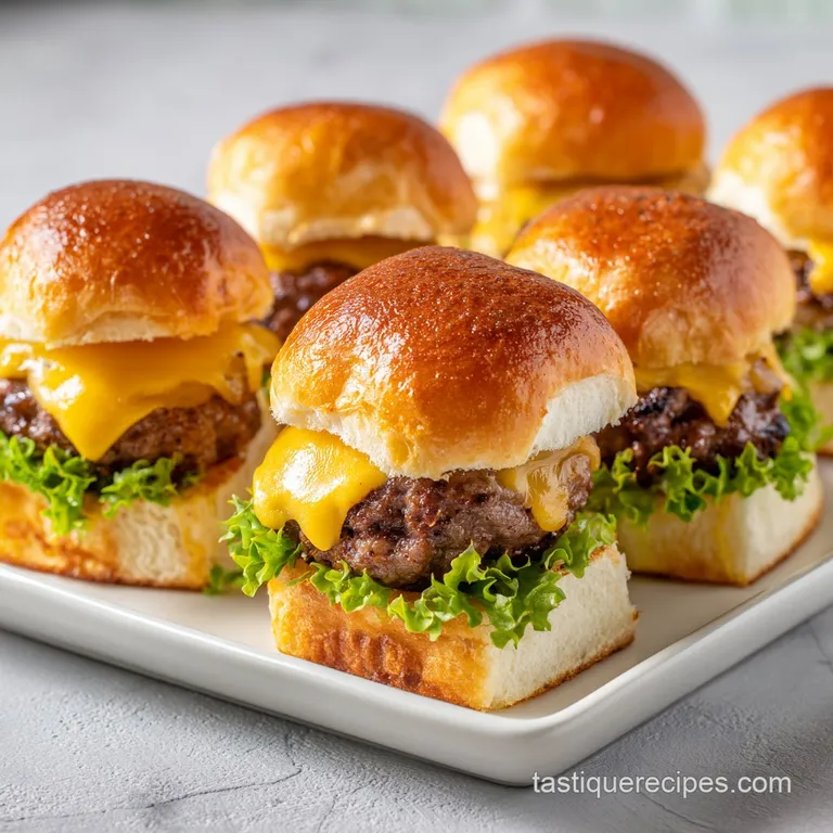 Stack of cheeseburger sliders plated, with crisp lettuce and ripe tomato adding vibrant color. A side of golden fries comp...