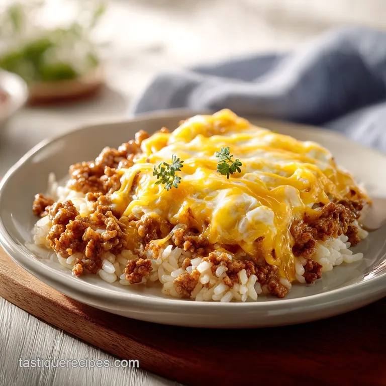 A neat square of savory meat and rice topped with bubbling cheese on a white porcelain plate with a side of greens.