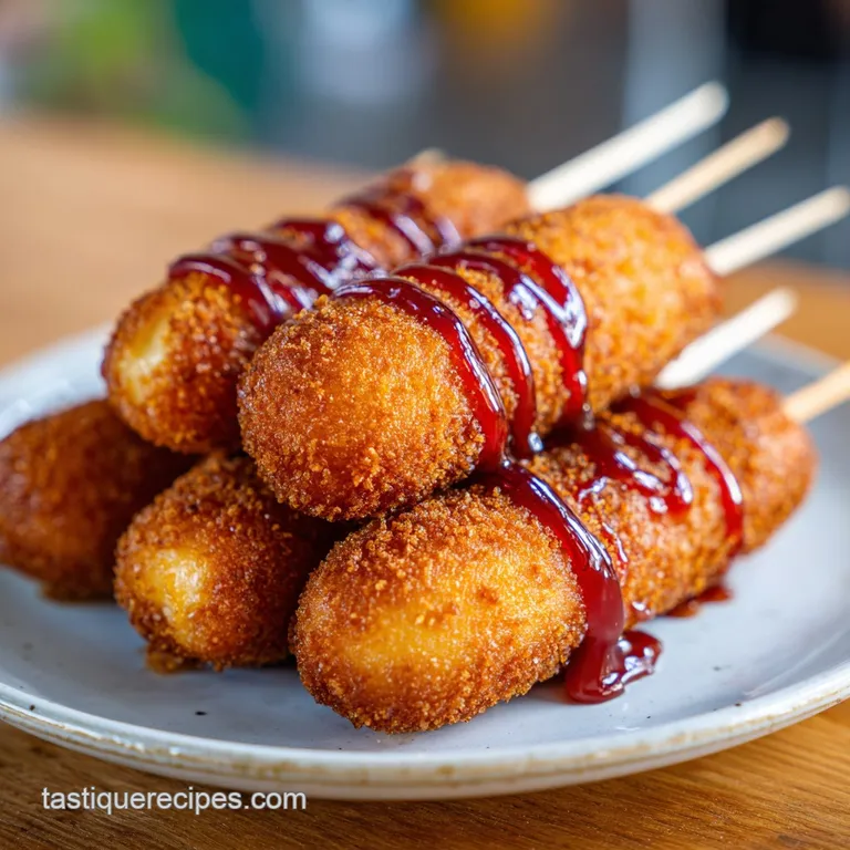 Cheesy corn dog cut to show melting mozzarella, paired with vibrant dipping sauces in small white bowls on a speckled coun...