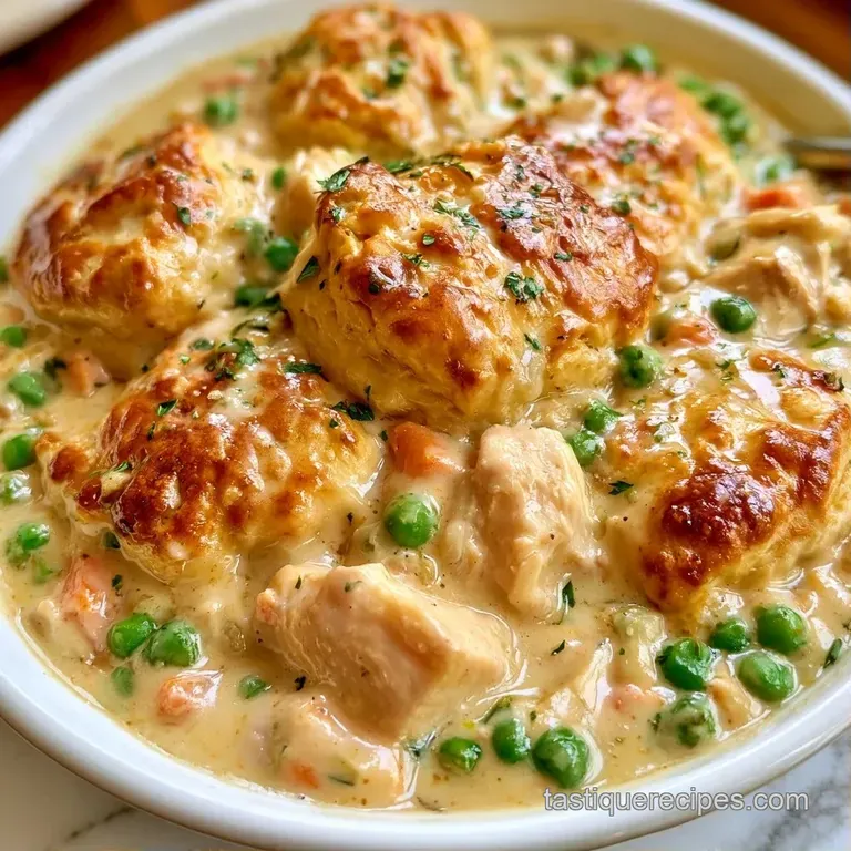 A generous scoop of creamy chicken and vegetables topped with a buttery, golden crust on a white ceramic plate.