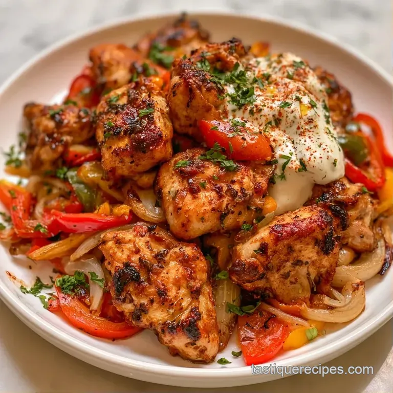 Spiced golden chicken and roasted vegetables plated neatly with a swirl of creamy white sauce and fresh parsley.