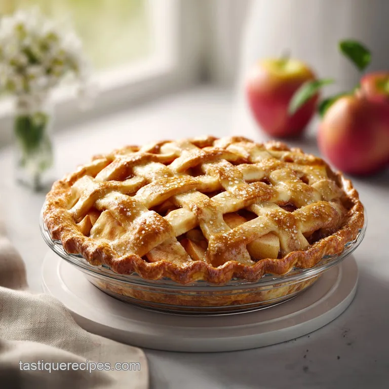A rustic slice of apple pie with a dollop of cream and cinnamon on a white plate.