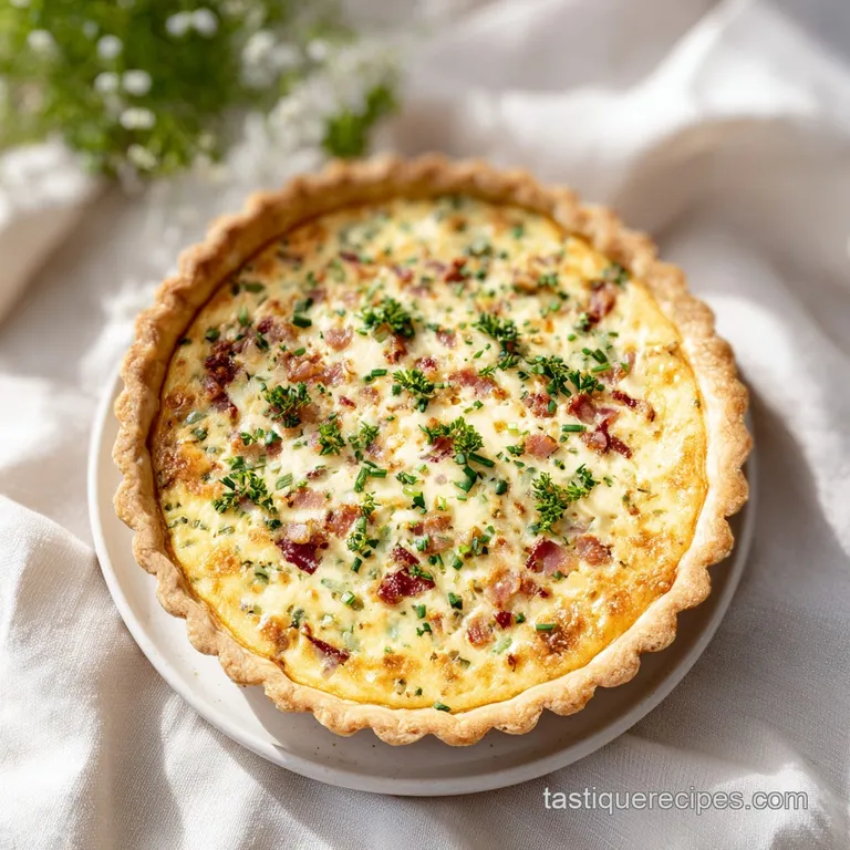 A slice of quiche with a crisp, golden crust on a white plate, garnished with fresh parsley.
