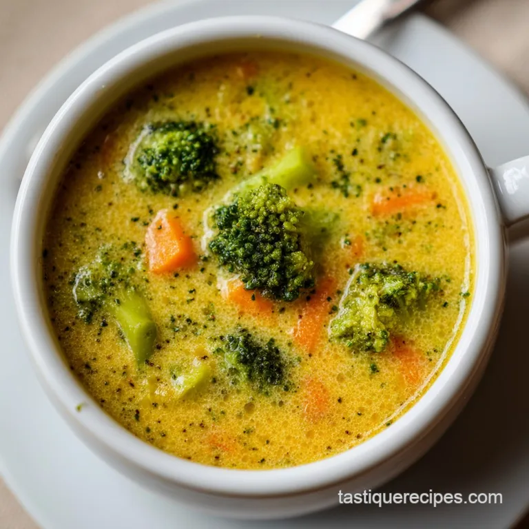 Rich, golden broccoli cheese soup in a matte bowl paired with a crusty toasted baguette on a linen napkin