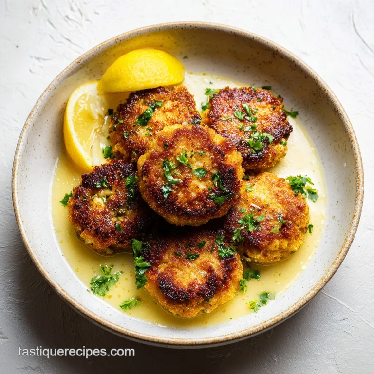 A perfectly seared crab cake with a drizzle of tangy lemon butter sauce, artfully arranged.