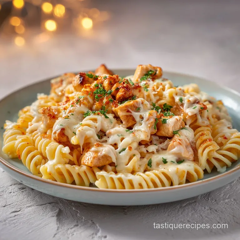 A creamy scoop of golden-brown chicken casserole on a ceramic plate, garnished with a sprig of fresh curly parsley.