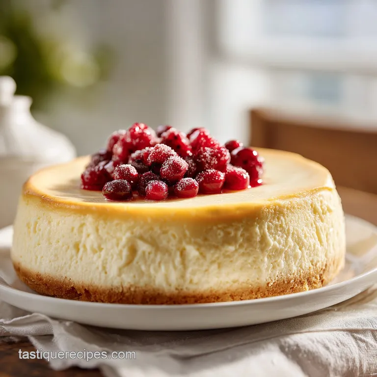 A slice of velvety cheesecake, dusted with powdered sugar, next to fresh raspberries on a white plate.