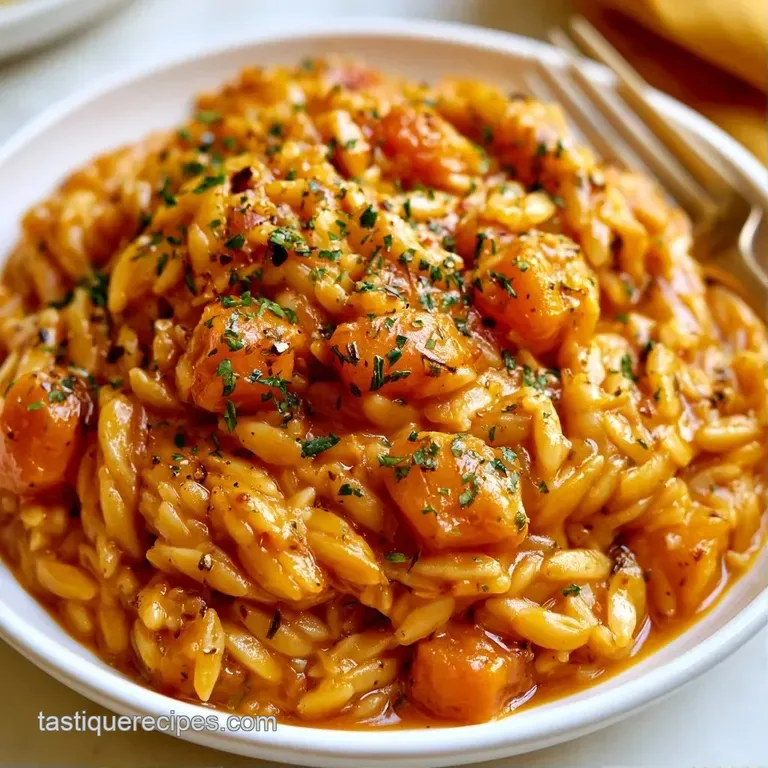 Elegant white bowl of creamy orange pasta topped with a swirl of cream, toasted walnuts, and a sprig of fresh sage.