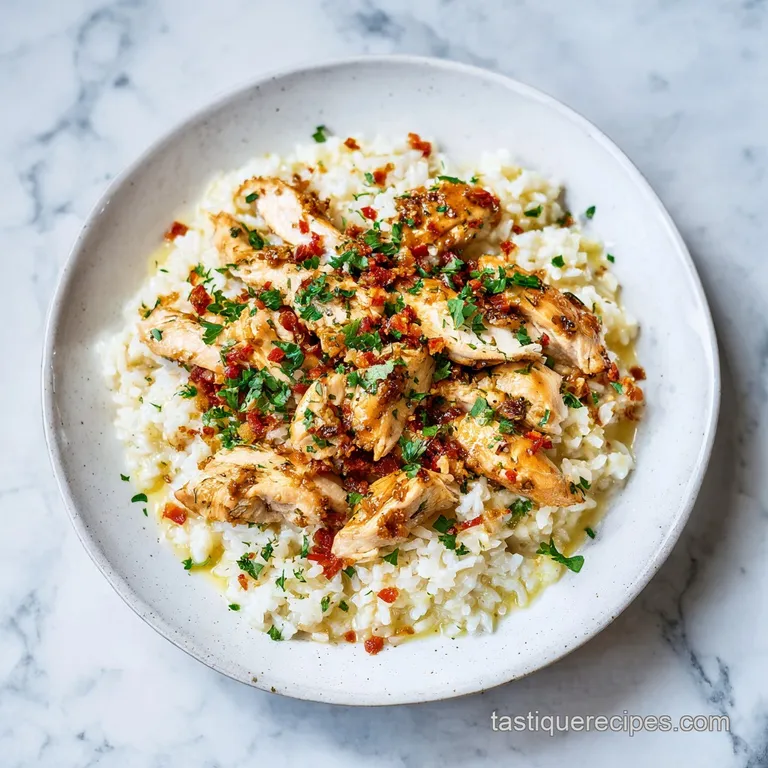 A generous serving of creamy chicken and rice, topped with fresh parsley, on a white ceramic plate.