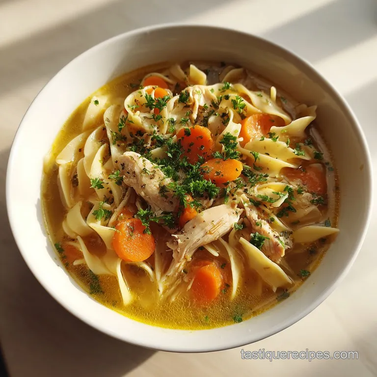 A rustic ceramic bowl brimming with comforting chicken noodle soup, garnished with fresh parsley.