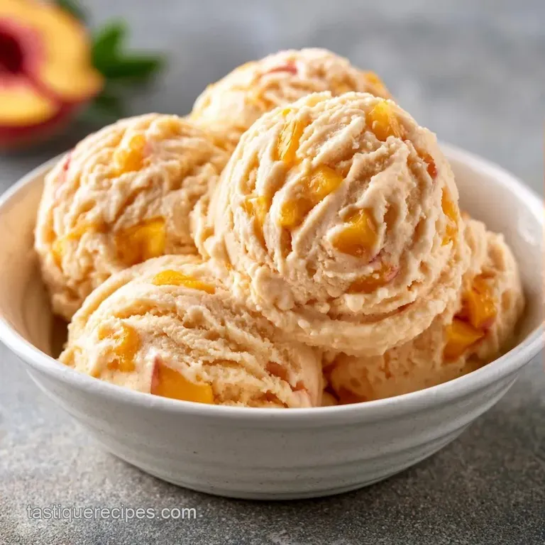 Two pale orange scoops in a chilled glass bowl, garnished with a mint leaf and a thin slice of fresh peach.