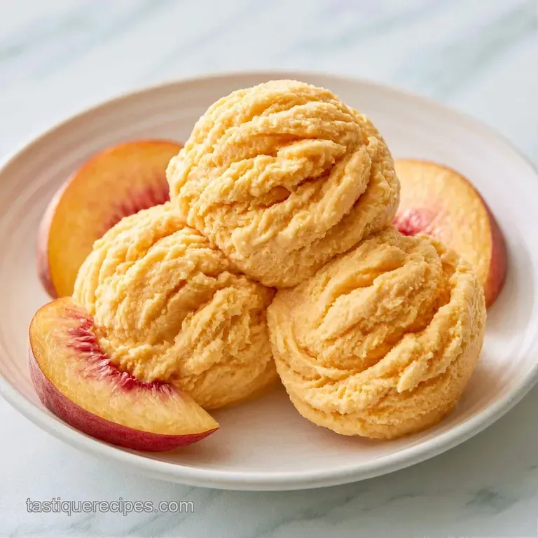 Three pale orange scoops of chilled cream arranged on a white plate with glistening peach wedges and mint leaves.