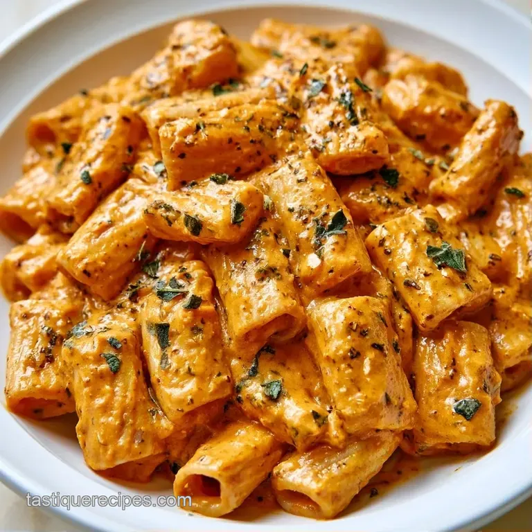 Orange-hued pasta swirls on a white plate, topped with a sprinkle of black pepper and a crisp, fried sage leaf.