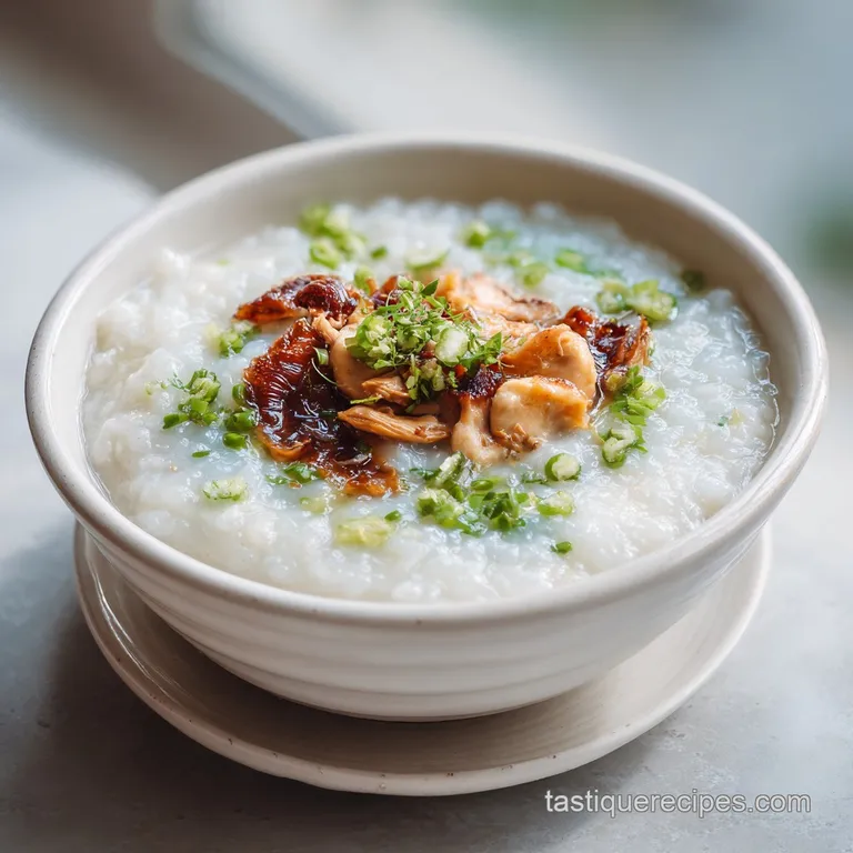 Elegant bowl of vegan congee: a swirl of creamy rice porridge, topped with colorful vegetable garnishes and glistening oil.