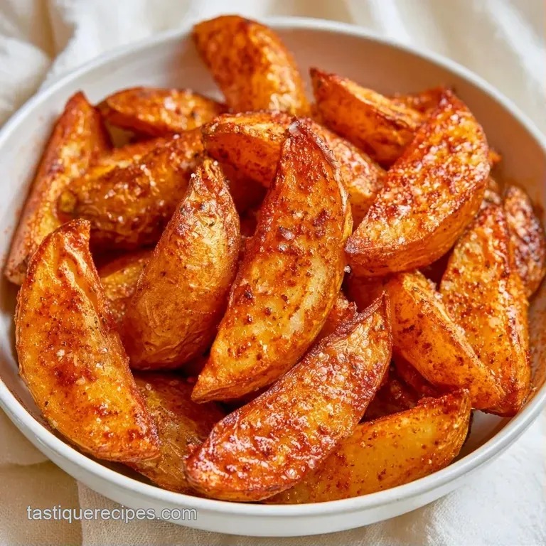 Crispy potato wedges stacked neatly on a white platter with a creamy garlic dip and a sprinkle of fresh parsley.