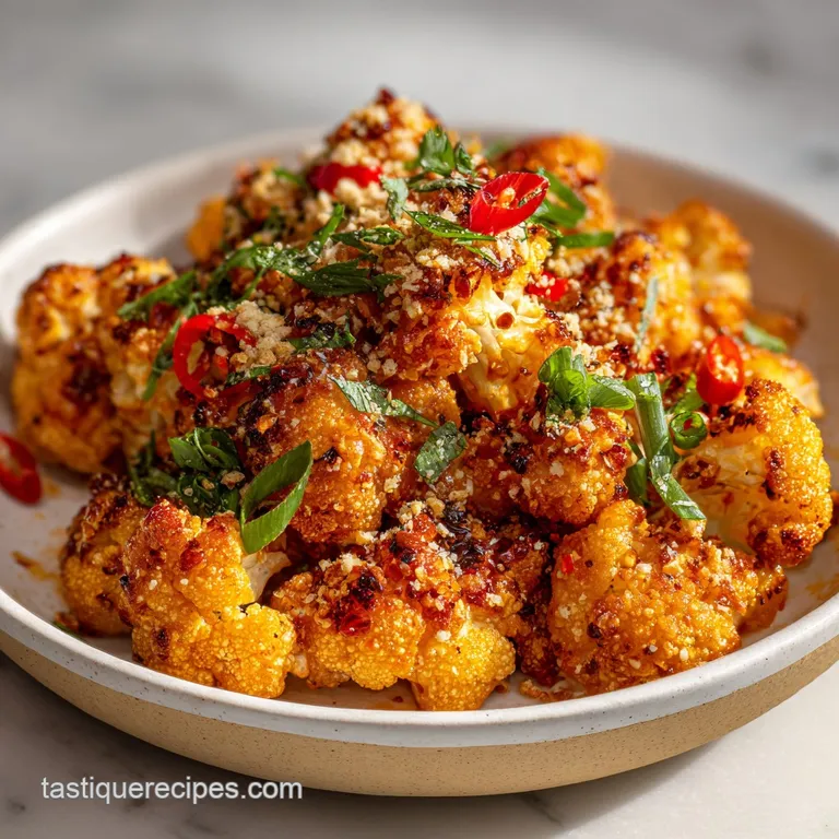 Bang bang cauliflower served in a white bowl, glistening with sauce, sprinkled with fresh scallions and sesame seeds; invi...