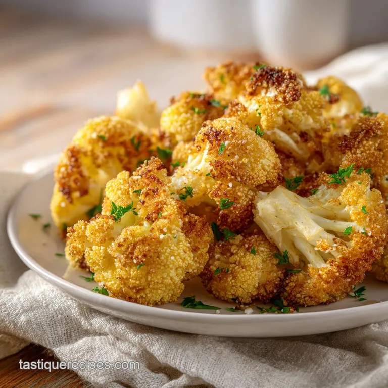 A pristine white plate showcases tender roasted cauliflower florets, lightly seasoned and artfully arranged.