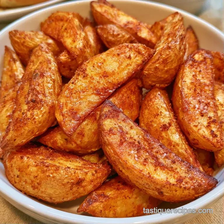 Golden potato wedges neatly stacked beside a small ceramic bowl of creamy white dip and a sprig of fresh parsley.