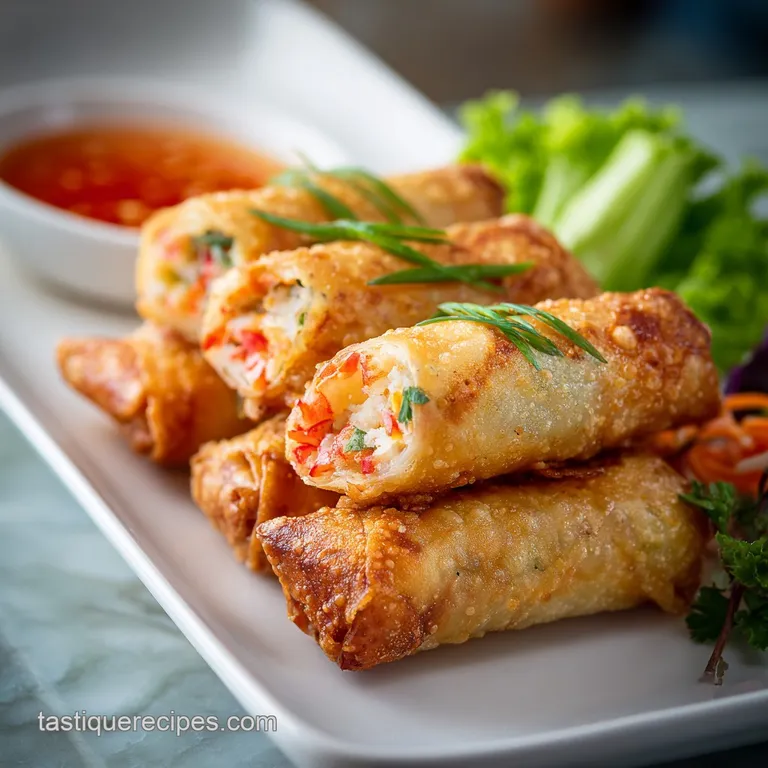 A trio of golden shrimp egg rolls arranged artfully on a white plate with a side of dipping sauce.