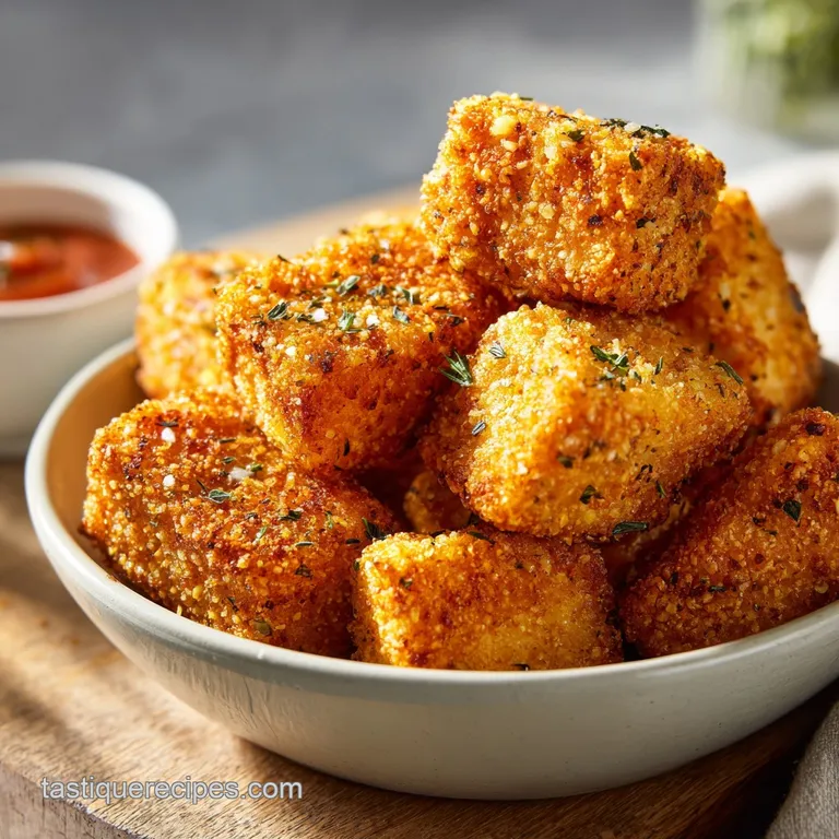 Stack of crispy tofu cubes drizzled with bright sauce. Garnished with microgreens. Clean white plate, minimalist presentat...
