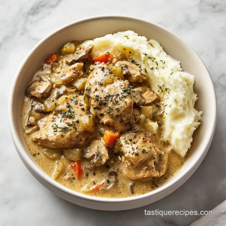 A scoop of shredded chicken and velvety gravy atop fluffy mashed potatoes, garnished with parsley.
