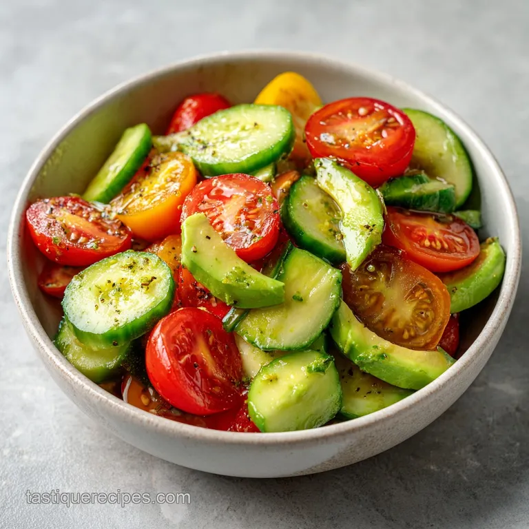 A refreshing salad presented elegantly, showcasing bright greens, ripe tomatoes, and smooth avocado.