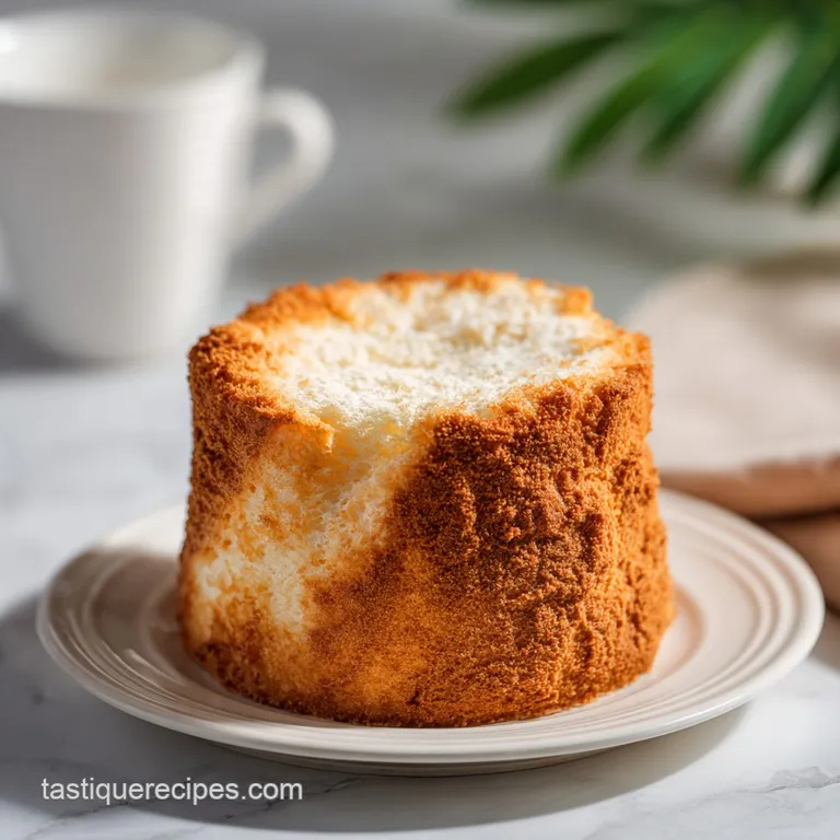 A slice of pale tan chiffon cake topped with fluffy whipped cream and fresh berries, presented on a white plate, invitingl...