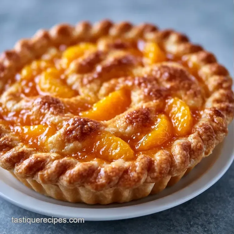 A slice of warm peach pie on a white plate with a melting scoop of vanilla ice cream and a sprig of fresh mint.