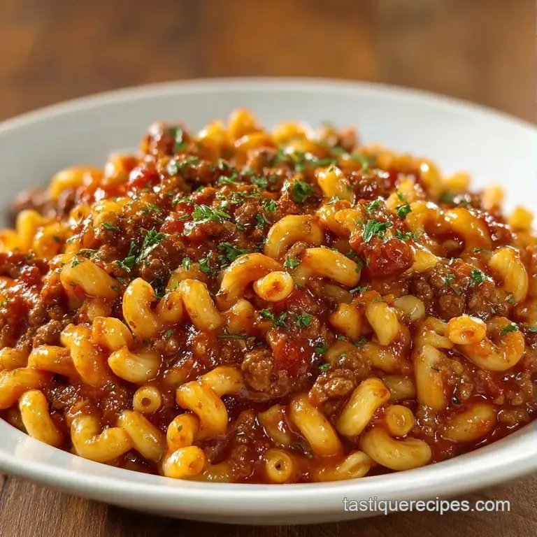 A shallow white ceramic bowl of cheesy beef pasta topped with chopped scallions next to a piece of toasted garlic bread.
